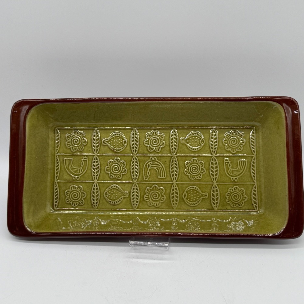 Vintage 60s Gabriel Sweden C62 Olive Green Ceramic Folk Art Relief Serving Tray
